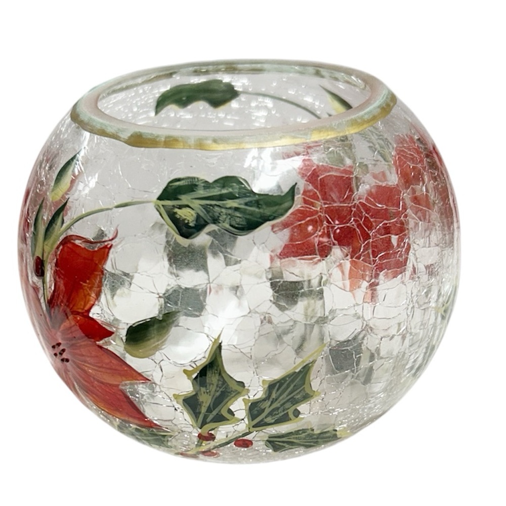 Holiday Spirit Poinsettia Crackle Glass 5" Votive Candle Holder Bowl - Picture 4 of 9